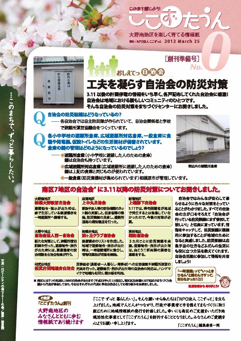 ここずたうん0号（創刊準備号）の表紙1面の画像です。